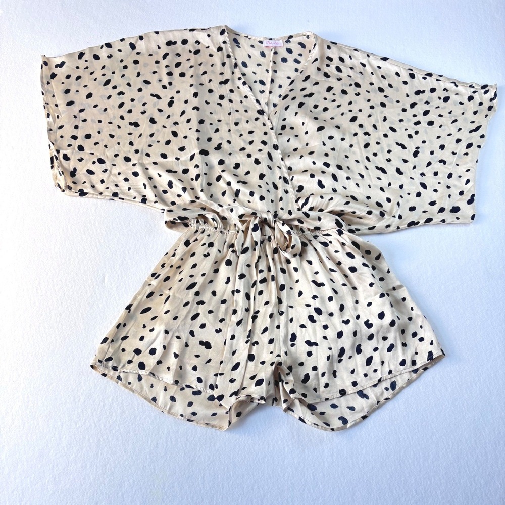Pink Lily Dalmatian Print Satin Romper Champagne Black Kimono Sleeve Medium‎ - Picture 2 of 12